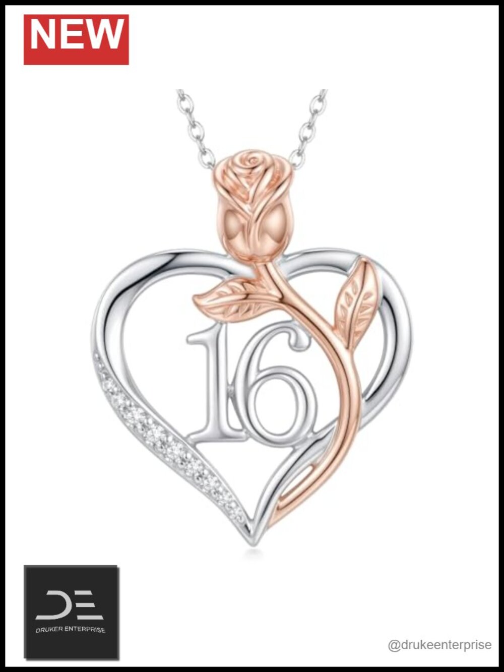 Rose Gold Heart Pendant Necklace CZ Flower 16 Birthday Gift Women